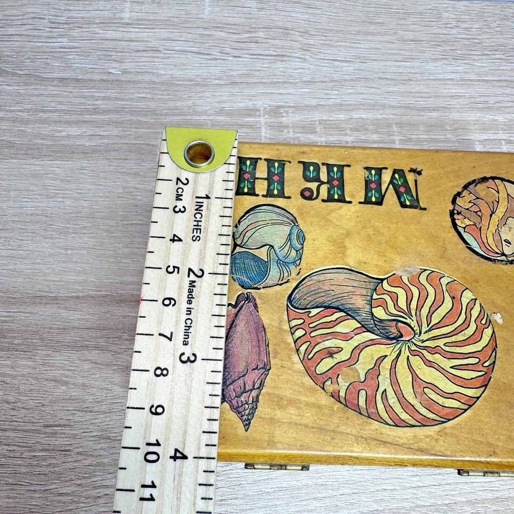 Vintage Wood Jewelry Box Nautilus Shell Hinged Trinket Coastal Sea Life Décor‎